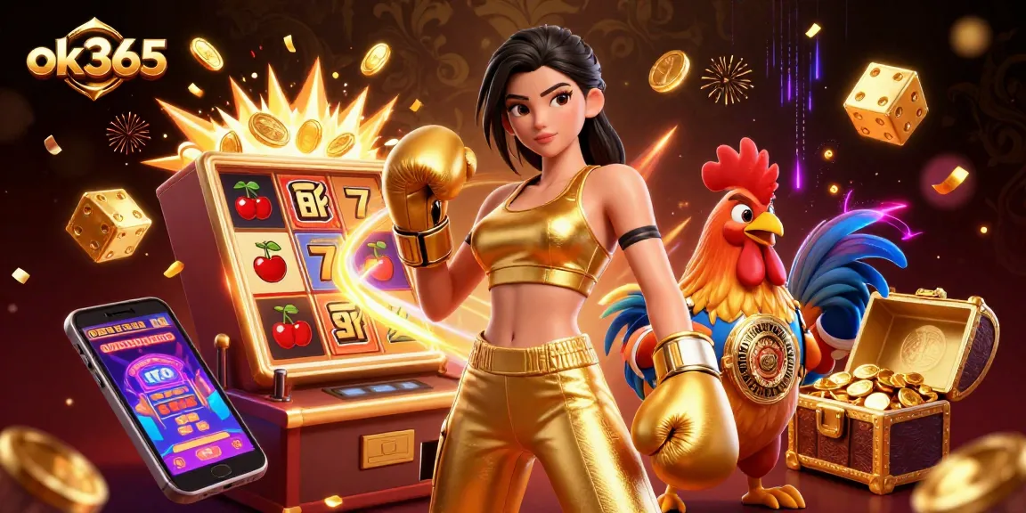 Experience ok365's vibrant casino action with a powerful woman and championship rooster amidst a jackpot explosion.