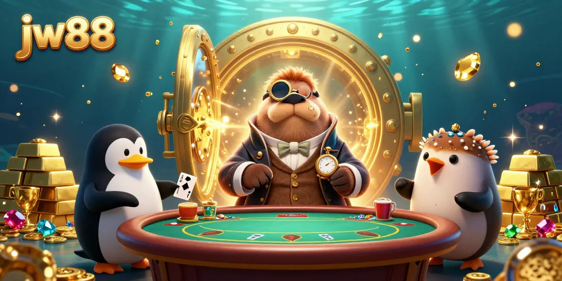Experience thrilling gaming at jw88 with a jolly walrus and friends at an underwater casino table.