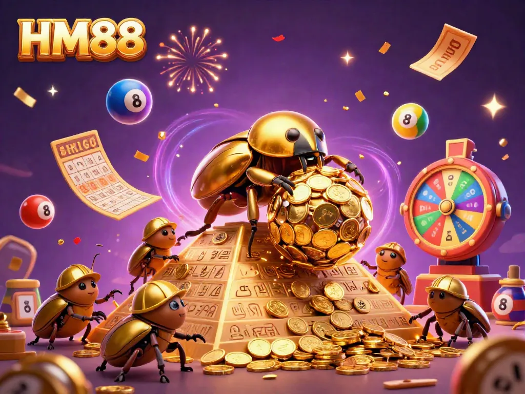 Experience the vibrant action at HM88 with golden beetles, lottery balls, and casino excitement in this dynamic illustration.