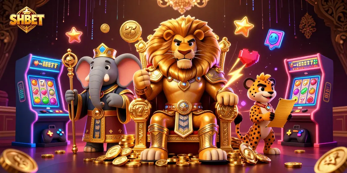 SHBET offers thrilling gaming options with a regal lion king, elephant advisor, and cheetah messenger in an exciting casino setting.