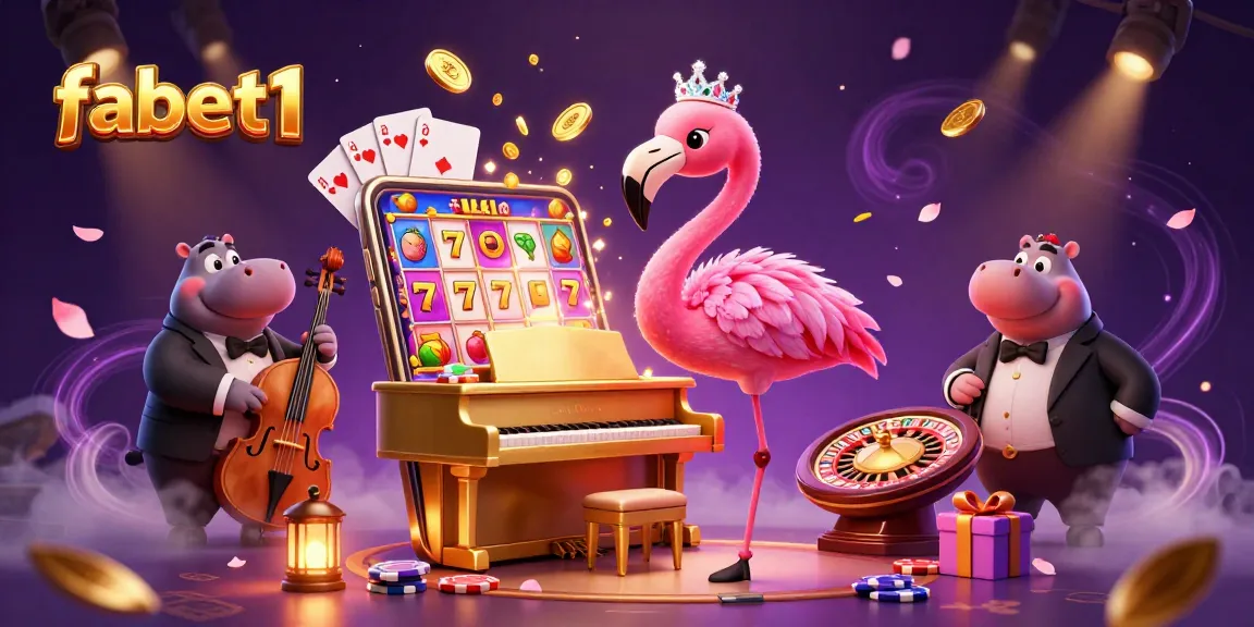 Engage with fabet1 through vibrant slot scenes featuring flamingos and hippos in a lively casino.