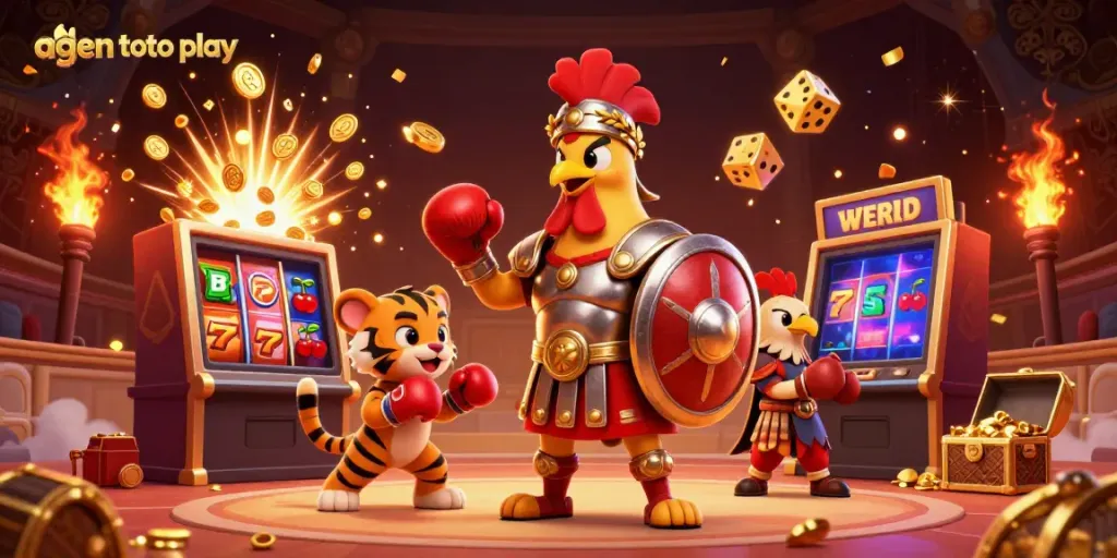 Experience the excitement of agen toto play with a 3D cartoon scene featuring a gladiator rooster and a slot machine jackpot explosion.