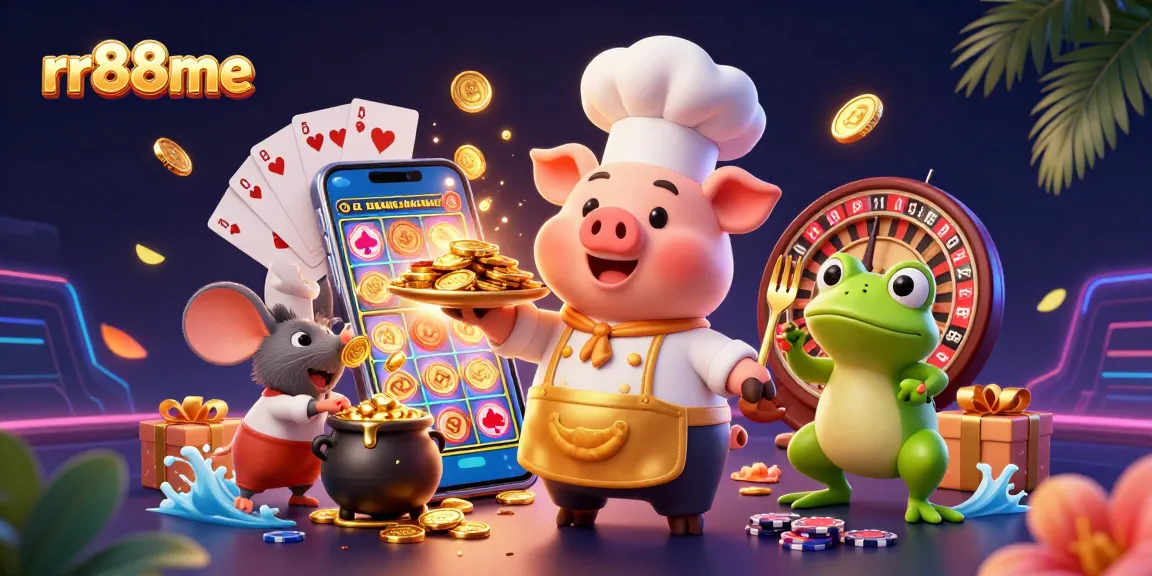Bet on rr88me with exciting casino characters serving gold coins amidst vibrant gaming elements.