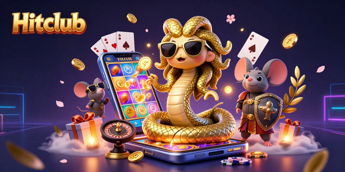 Hitclub showcases a dynamic 3D casino scene featuring vibrant games and characters.