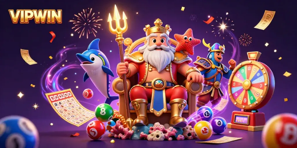 Experience the excitement of VIPWIN with a vibrant 3D lottery scene featuring Neptune and his companions.