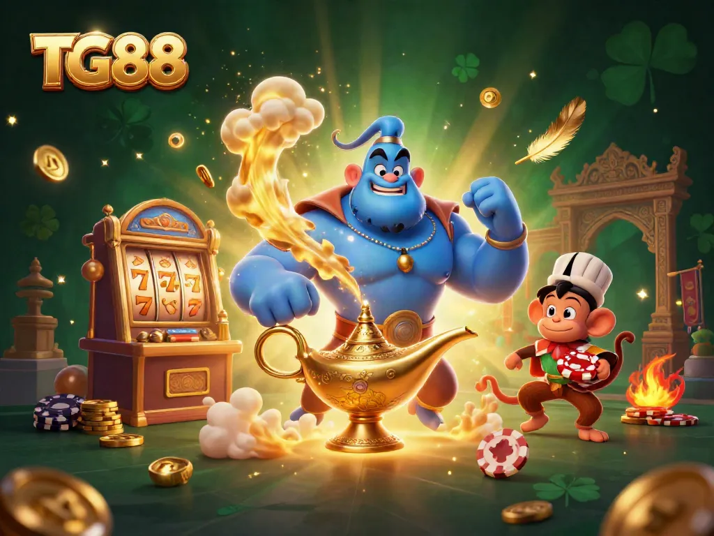 Join the excitement at TG88 with a dynamic casino scene featuring a genie and casino elements.
