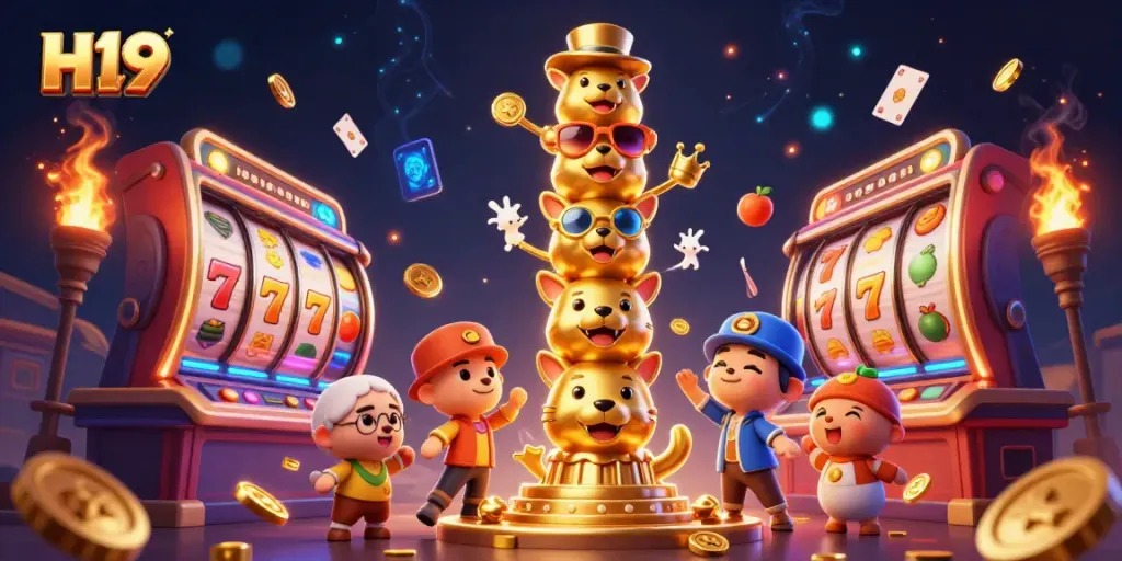 Experience thrilling gaming adventures with H19's vibrant 3D casino scene featuring golden totem and slot machines.