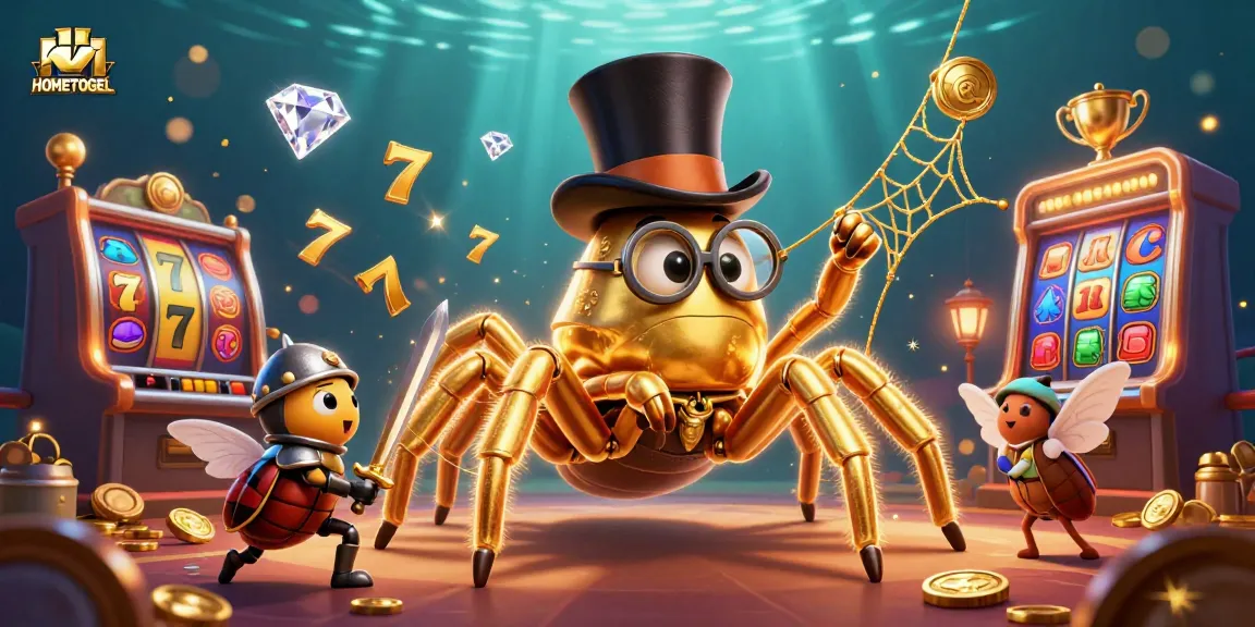 Playing slot machines at HOMETOGEL with a colorful 3D illustration of characters and casino elements