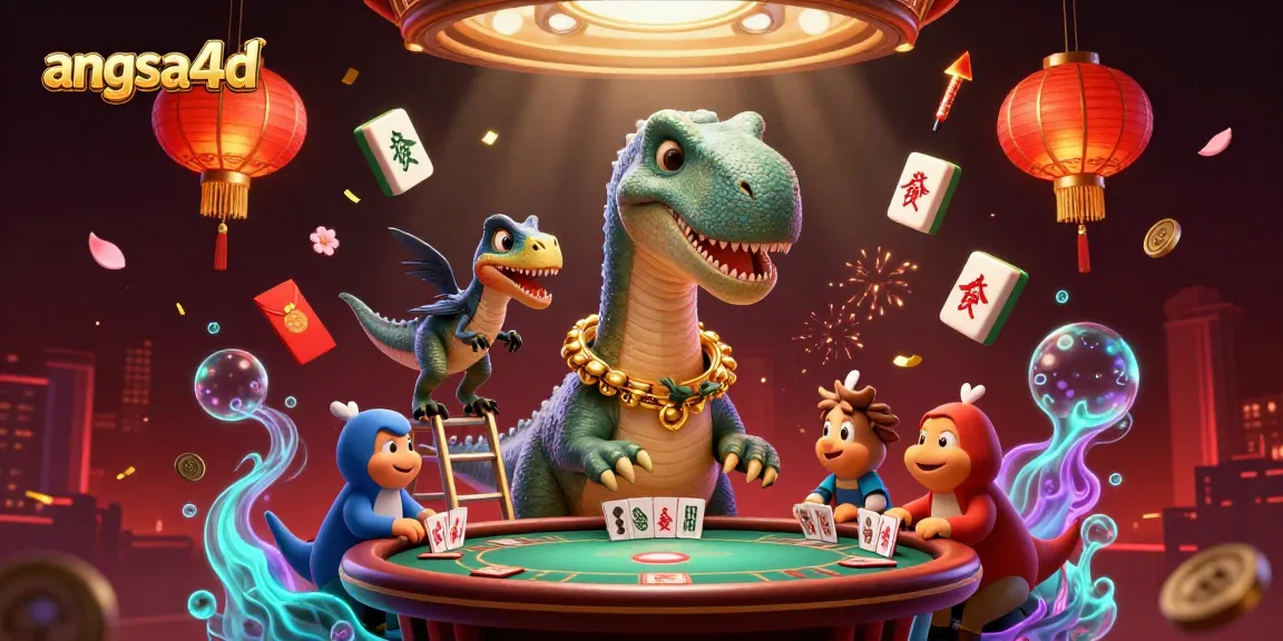 Experience angsa4d with a playful brontosaurus and raptor dealing cards in a vibrant casino scene.