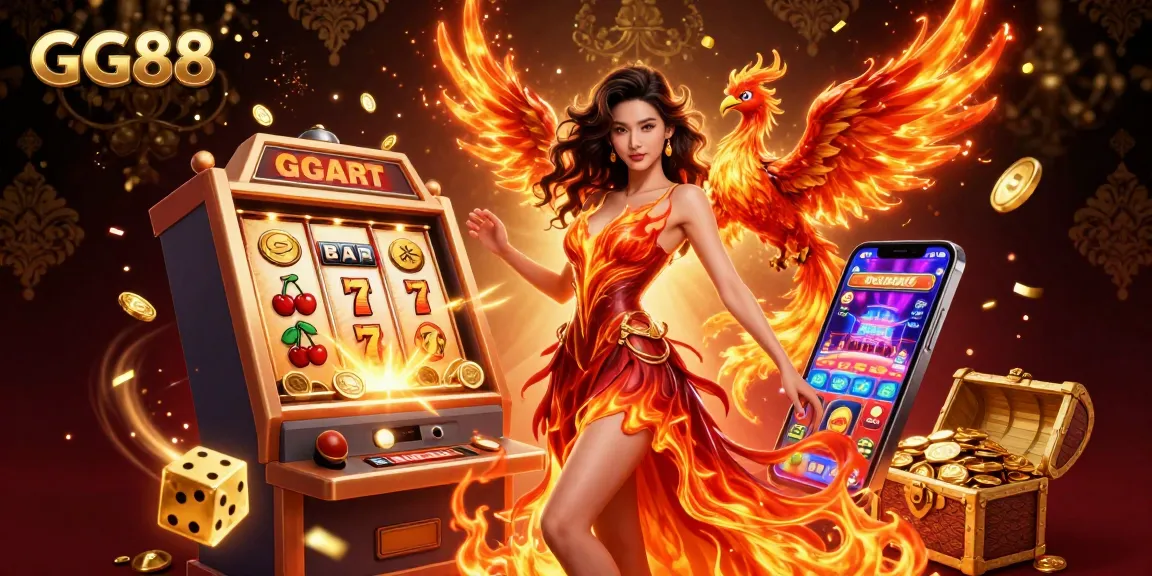 Experience thrilling wins at GG88 with a vibrant 3D casino scene featuring slot machines and engaging characters.