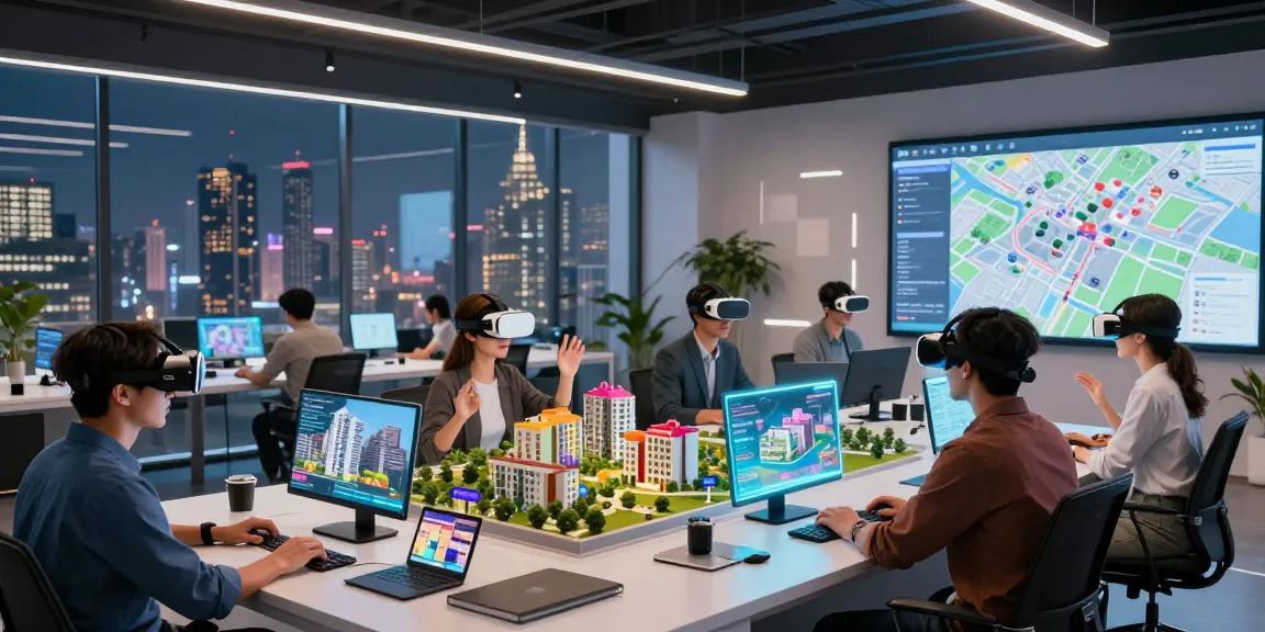 Engaged individuals exploring rokok88 virtual properties with augmented reality in a modern workspace.