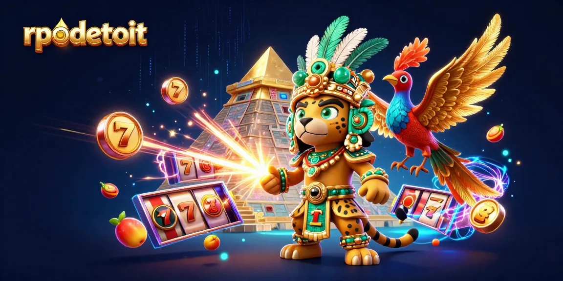 Rpodetroit captivates with a vibrant 3D casino scene featuring slot reels and a Mayan priest.
