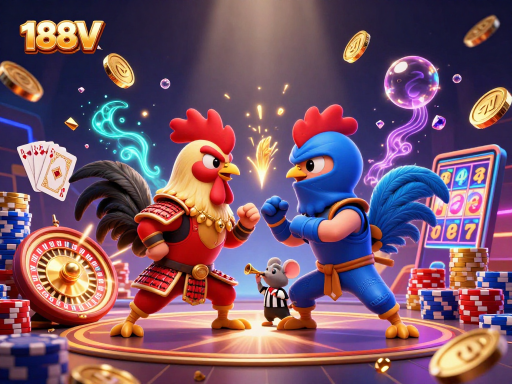 Join the fierce showdown with 188V's 3D roosters amidst dazzling casino elements.