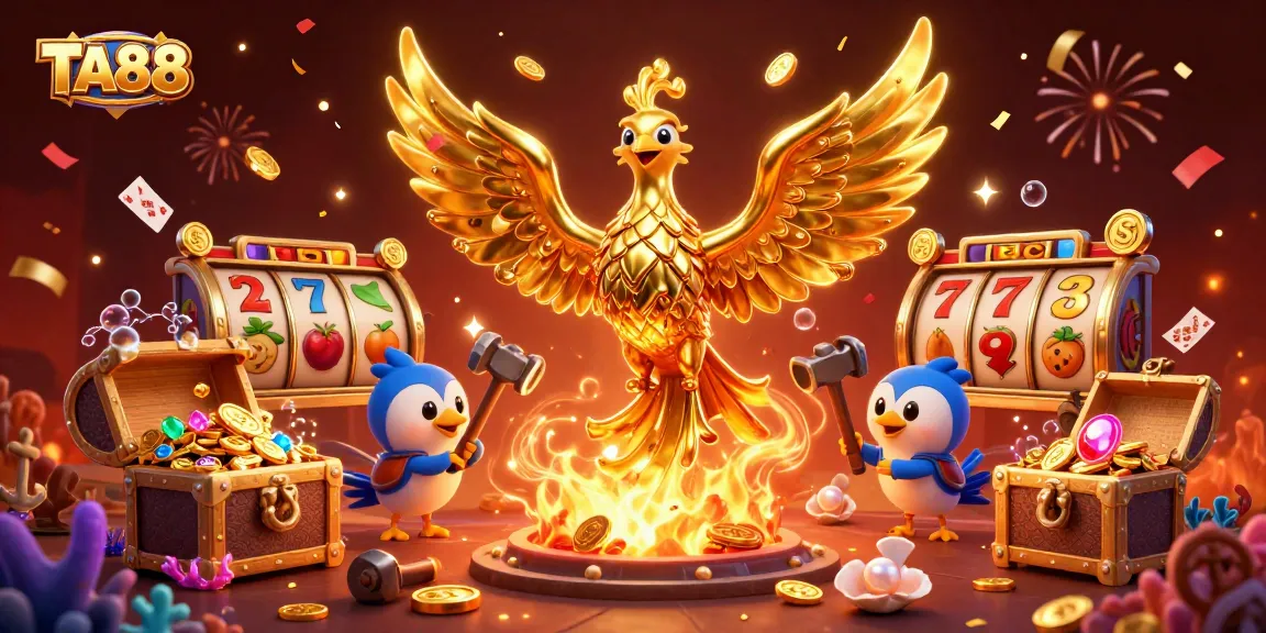 TA88 showcases a vibrant casino scene with a golden phoenix amidst slot machines and festive elements.
