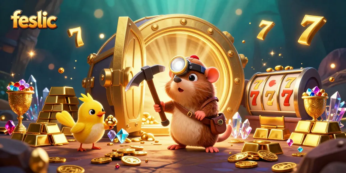 Spin and win with feslic's vibrant casino scene featuring a treasure hunter mole and lively slot elements.
