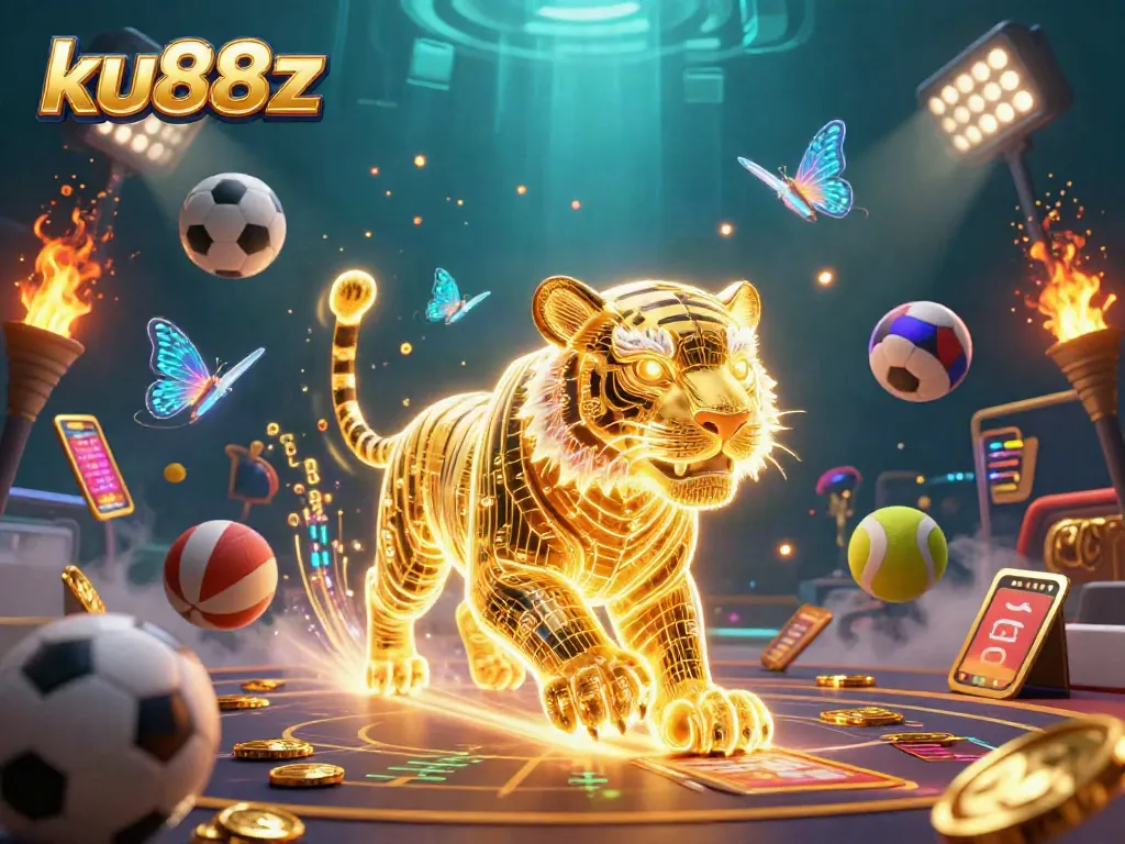 Experience thrilling entertainment at KU88z with immersive scenes filled with dynamic sports elements and a glowing tiger.
