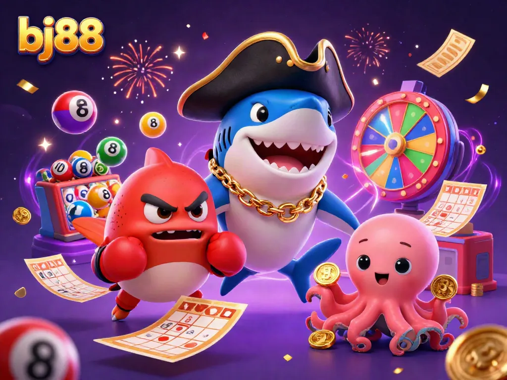 Engage in exciting gaming with bj88 featuring a dynamic 3D scene of casino characters and elements.