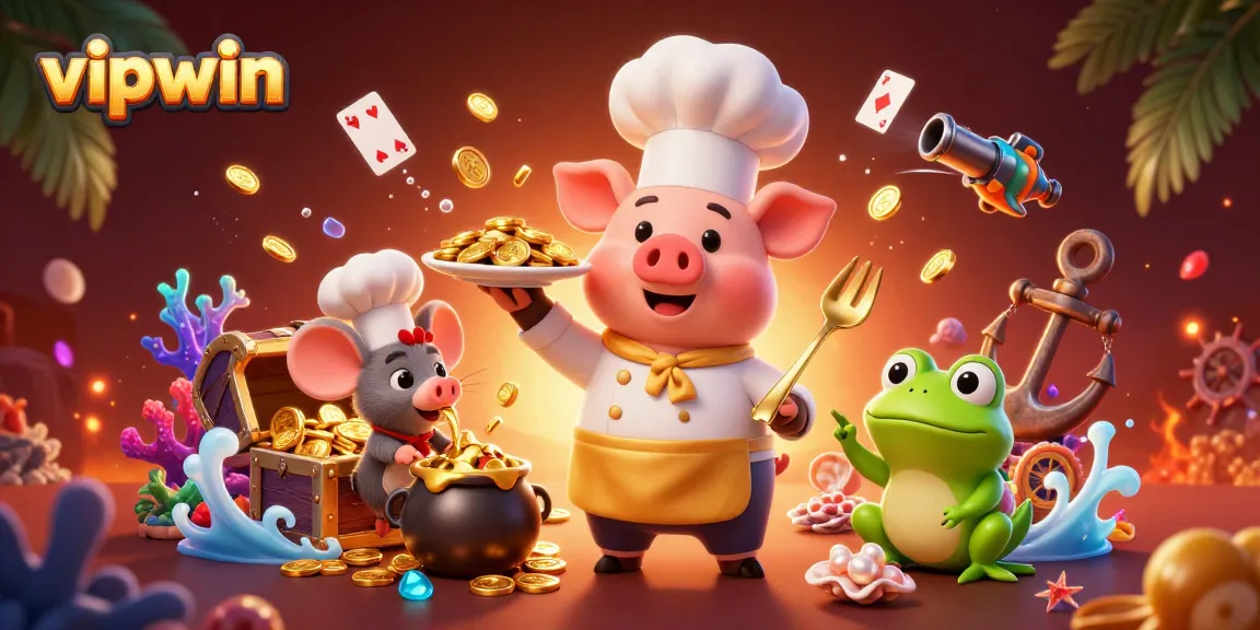 Experience thrilling gameplay at vipwin with vibrant casino characters amid gold treasures.