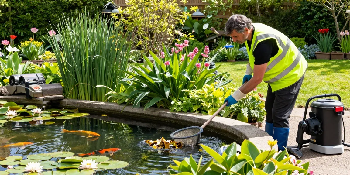 Professional Pond Cleaning Essex with expert maintaining a serene garden pond, highlighting vibrant plants and clear water.