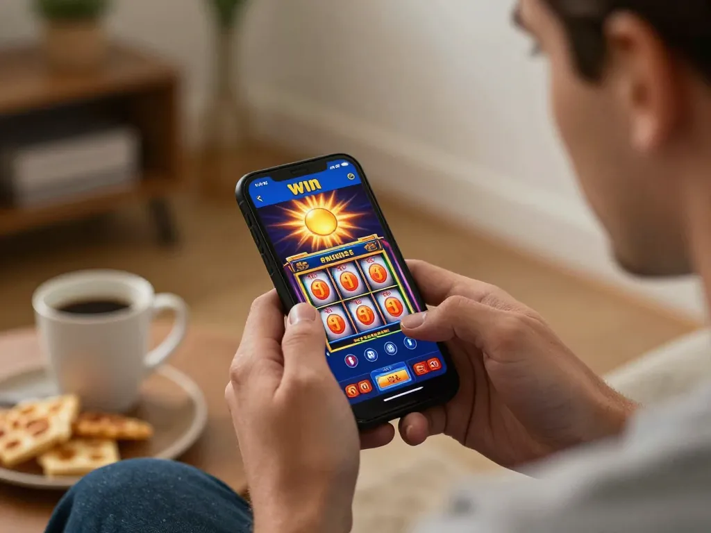Engaging online player enjoying sun win casino app on smartphone, showing exciting slot reels.