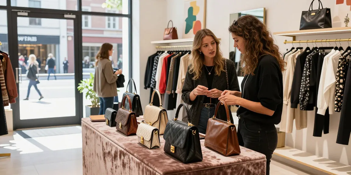 Engaging shopper at 레플리카 사이트 examining stylish handbag in a chic boutique.