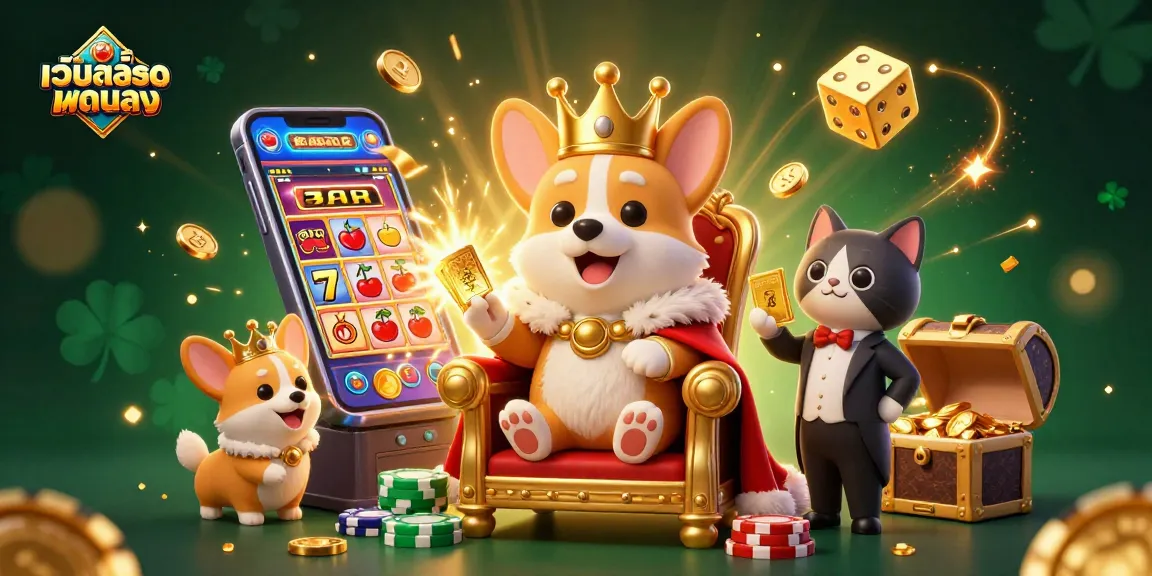 Engage with เว็บสล็อตตรง amidst a vibrant casino scene featuring a royal corgi, golden slot machine, and festive elements.
