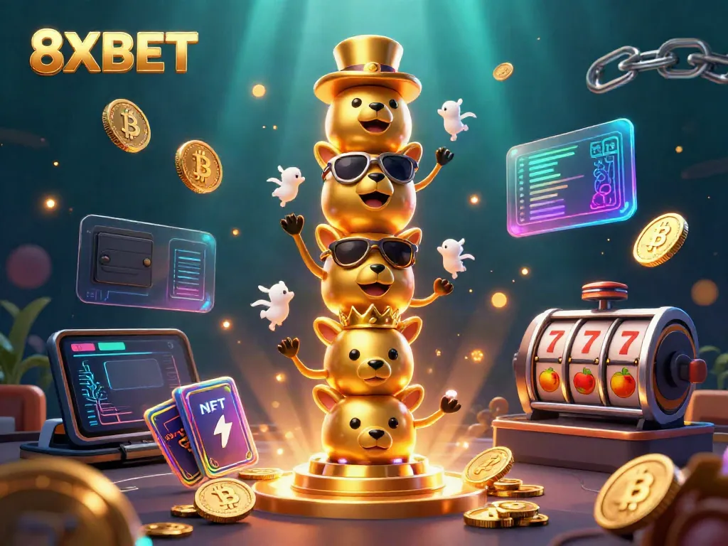 Experience the thrilling atmosphere of 8XBET with animated totems, slot reels, and dynamic crypto elements.
