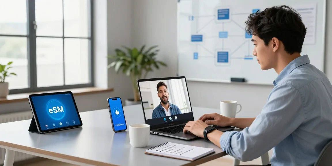 Acheter eSIM à travers une réunion virtuelle avec un professionnel et des appareils numériques dans un environnement de bureau moderne.