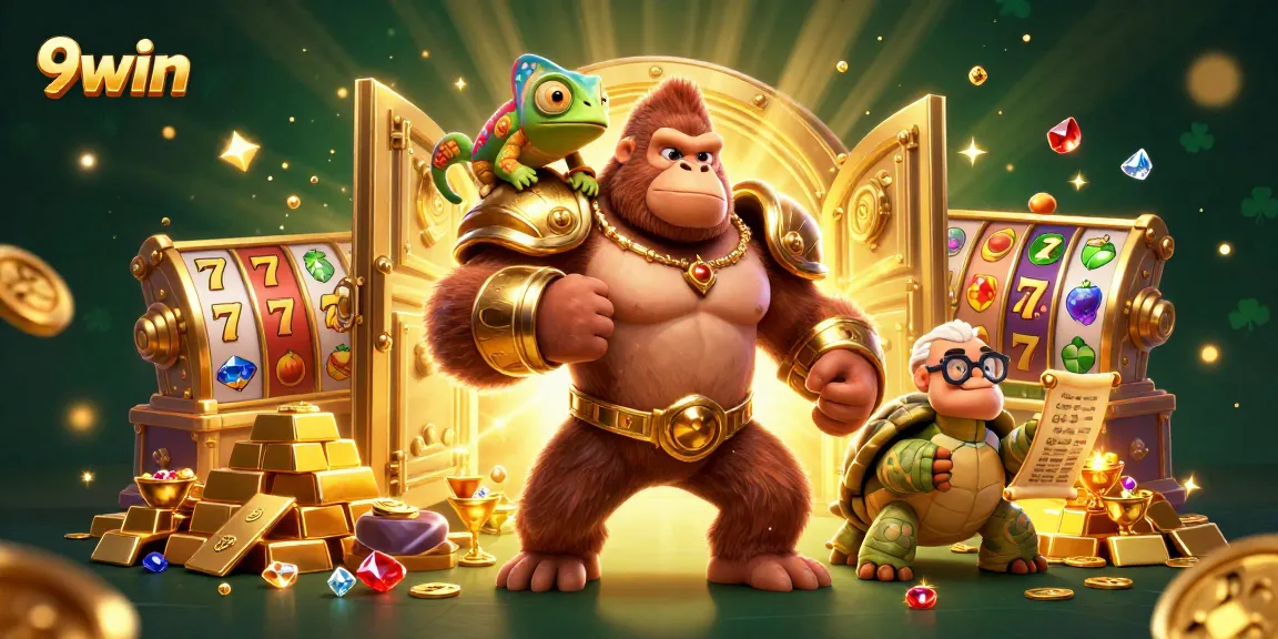 Engaging 9win casino scene with a gorilla, chameleon, and tortoise showcasing vibrant slot reels.
