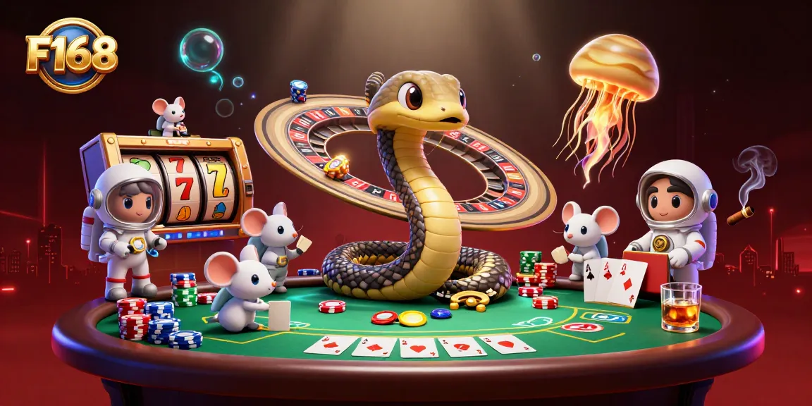 Experience thrilling gameplay at F168 with a vibrant cosmic casino scene featuring poker elements and 3D characters.