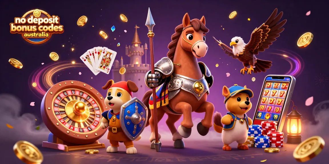 Enjoy thrilling gameplay with no deposit bonus codes australia, featuring a knight, puppy, and falcon in a casino.