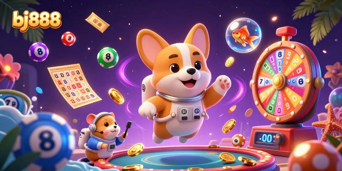 Experience the exciting world of bj888 casino games with a vibrant and dynamic casino illustration featuring an astronaut corgi.