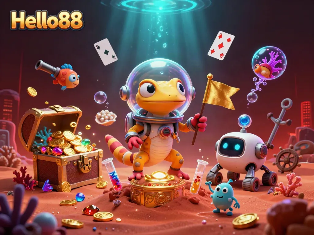 Experience the vibrant Hello88 Martian casino scene with exciting treasure chests and glowing bioluminescent elements.