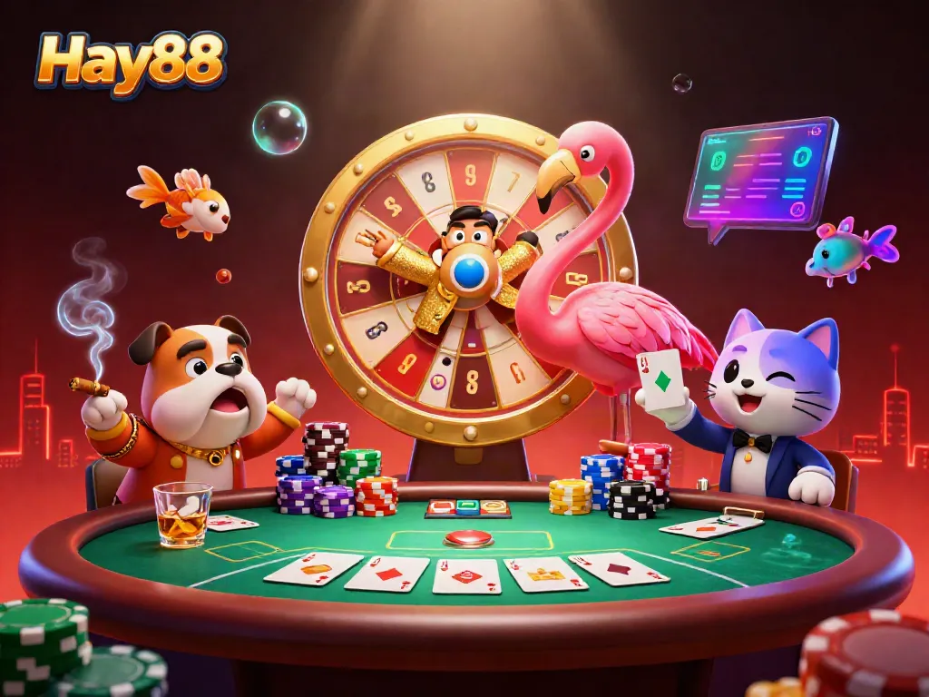 Experience excitement in Hay88 with a game show host and thrilling casino elements in a vibrant scene.
