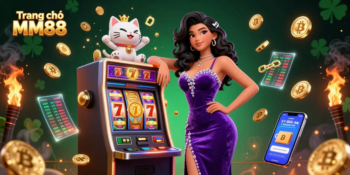 Spin to win at Trang chủ MM88 with an exciting slot jackpot scene featuring a glamorous woman and a fortune cat.
