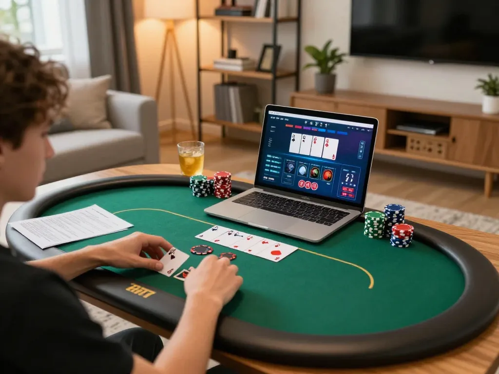 Engaging online poker gameplay at home showcasing KK55 on tablet with exciting chip bets
