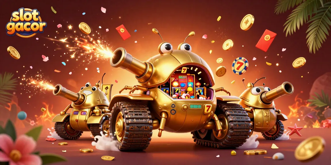 Experience slot gacor excitement in a vibrant 3D casino scene filled with confetti and winning symbols.
