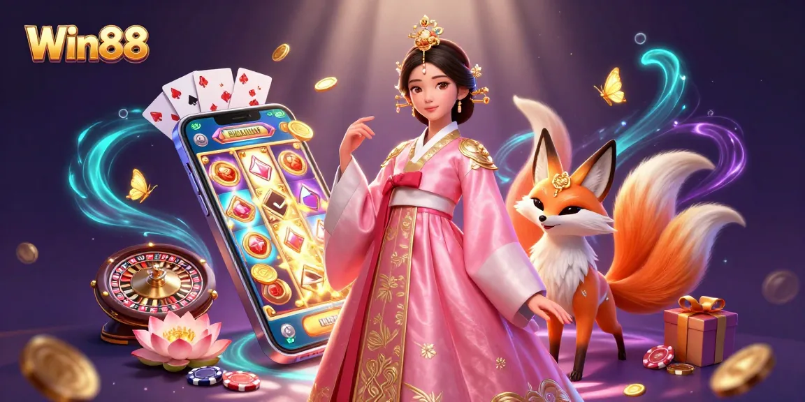 Win88 players enjoy vibrant slot games and elegant casino themes with a lucky fox and feminine grace.