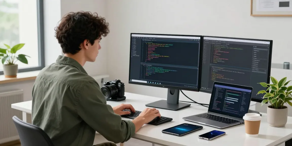 The workspace scene featuring a developer coding the 纸飞机中文版 messaging app on a modern desk surrounded by technology.