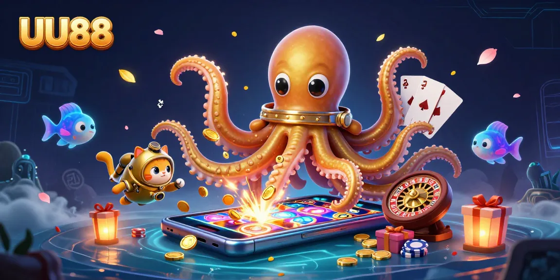 Experience excitement with UU88's cartoon kraken and diving cat in a vibrant casino world.