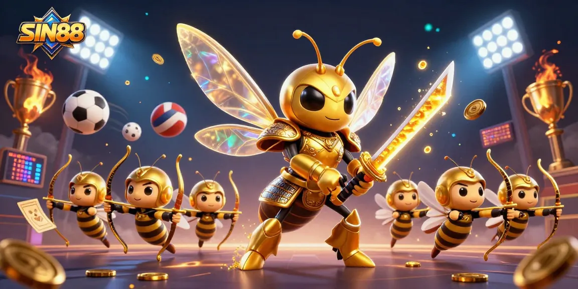 SIN88 showcases a dazzling 3D scene of a golden hornet samurai leading bee archers in dynamic sports betting action.