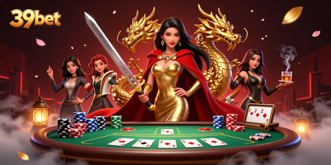 Engage with 39bet's vibrant casino world, showcasing a warrior queen amidst poker elements.