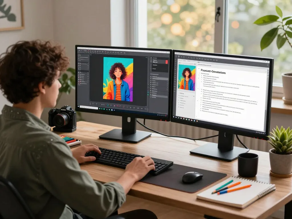 Creative workspace using an image to prompt generator tool, vibrant monitors displaying images and text prompts.