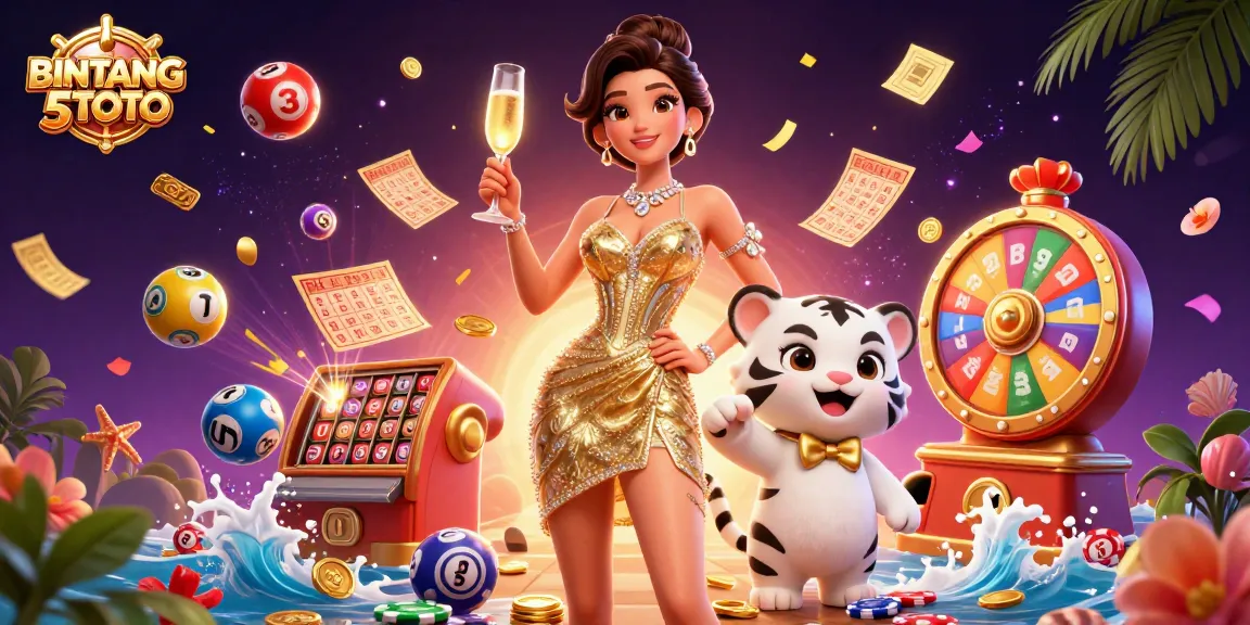 BINTANG5TOTO showcases a glamorous woman and a lucky tiger cub in a vibrant casino scene full of dynamic lottery elements.