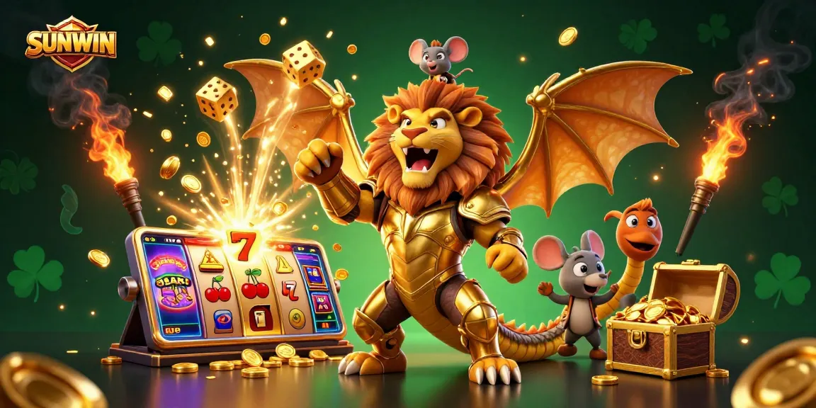 SUNWIN showcases a roaring chimera with a brave jockey amid a vibrant casino explosion of coins, dice, and treasures.