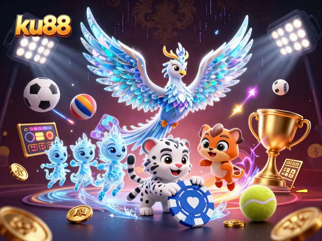 Engage with ku88's thrilling gaming experience featuring an ice phoenix, slots, and vibrant casino elements.