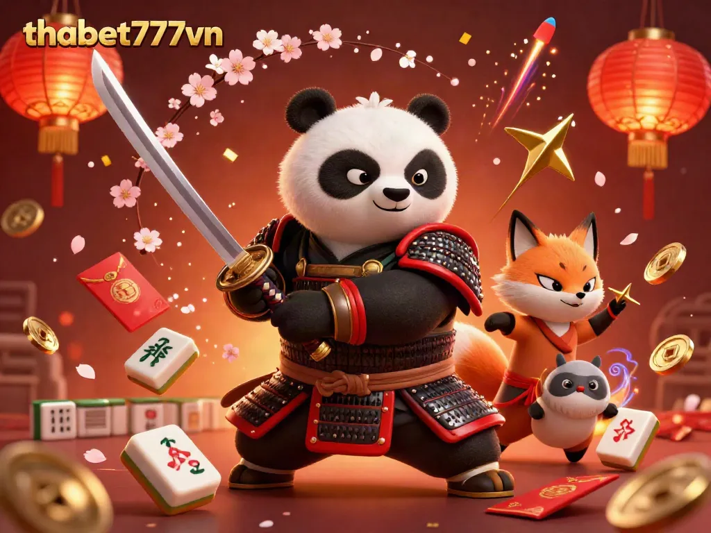 Engage with thabet777vn's exciting gaming world, featuring a samurai panda, ninja fox, and a spirit tanuki amidst vibrant gambling elements.