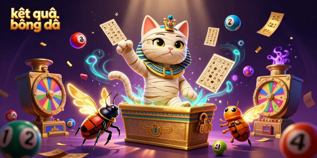 Engaging illustration of "kết quả bóng đá" featuring a lively Egyptian mummy cat and dynamic casino elements.