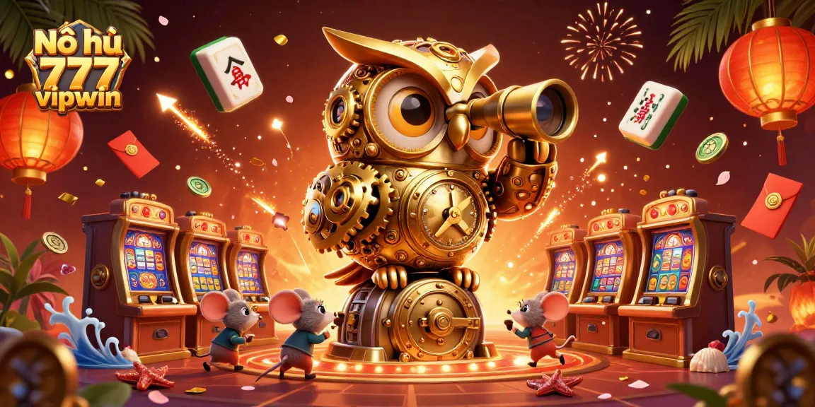 Nổ hũ 777 vipwin offers thrilling slot game action with whimsical characters amidst rich casino elements.