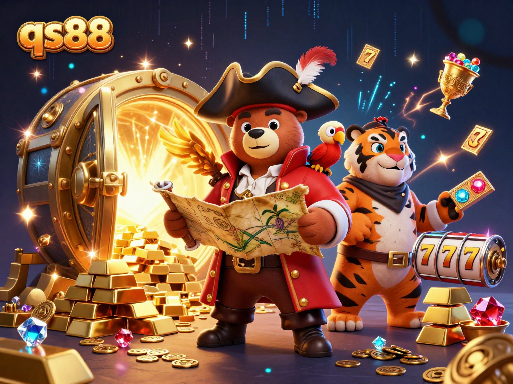 Experience fortune with the dynamic qs88 casino scene featuring a pirate captain and treasure elements.